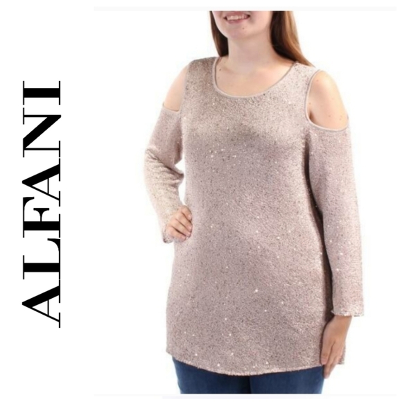 ALFANI Women's Champagne Sequins Cold - Shoulder S - Picture 1 of 15